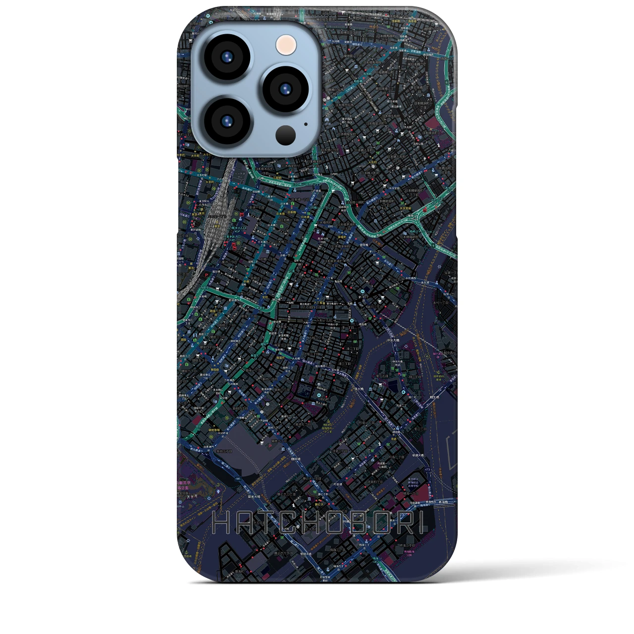 【八丁堀】地図柄iPhoneケース（バックカバータイプ・ブラック）iPhone 13 Pro Max 用