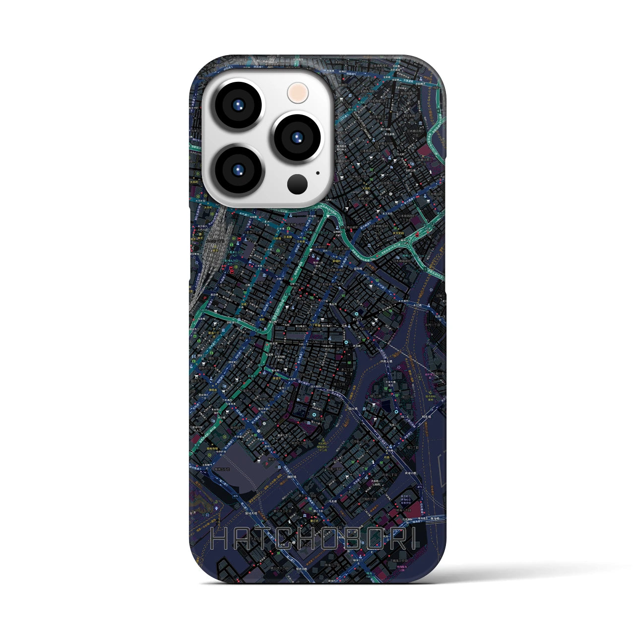 【八丁堀】地図柄iPhoneケース（バックカバータイプ・ブラック）iPhone 13 Pro 用