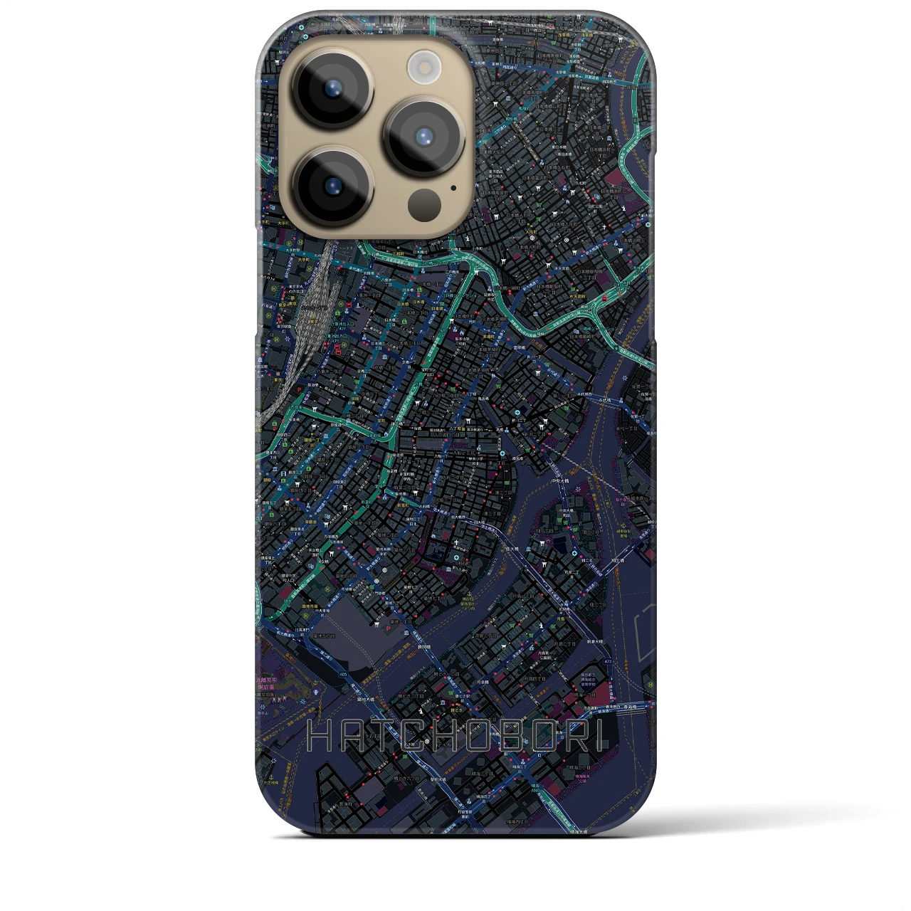 【八丁堀】地図柄iPhoneケース（バックカバータイプ・ブラック）iPhone 14 Pro Max 用