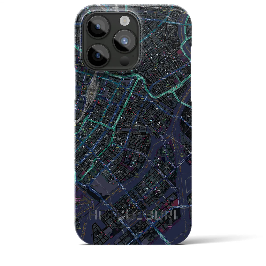 【八丁堀】地図柄iPhoneケース（バックカバータイプ・ブラック）iPhone 15 Pro Max 用