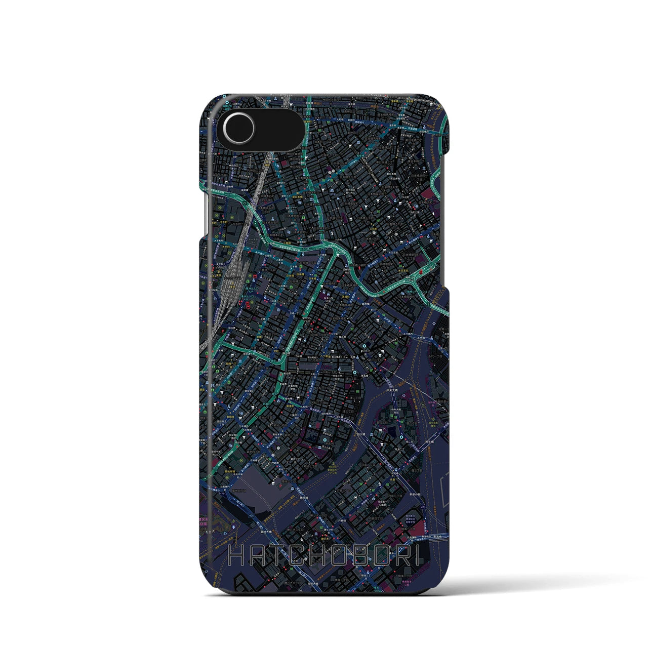 【八丁堀】地図柄iPhoneケース（バックカバータイプ・ブラック）iPhone SE（第3 / 第2世代） / 8 / 7 / 6s / 6 用