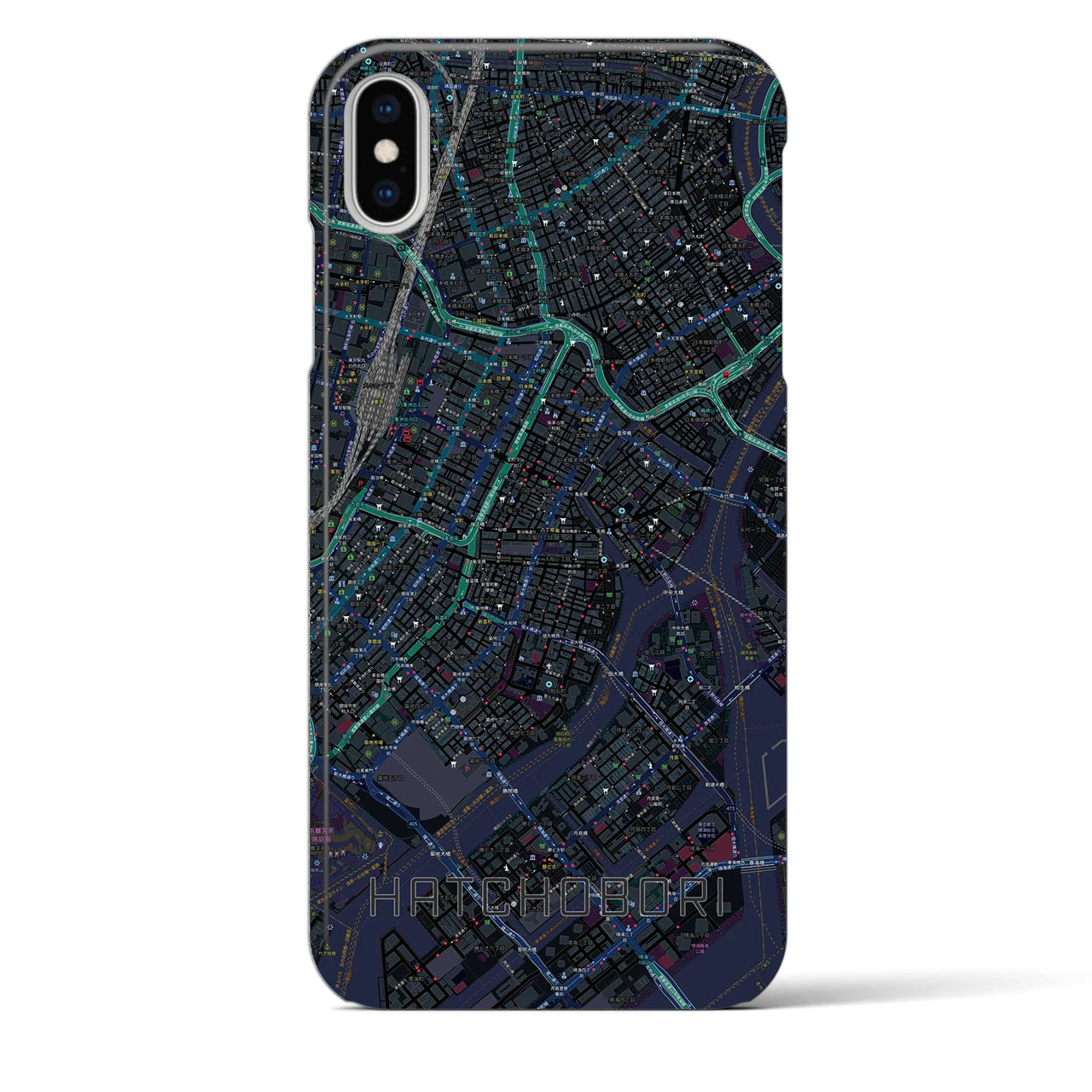 【八丁堀】地図柄iPhoneケース（バックカバータイプ・ブラック）iPhone XS Max 用