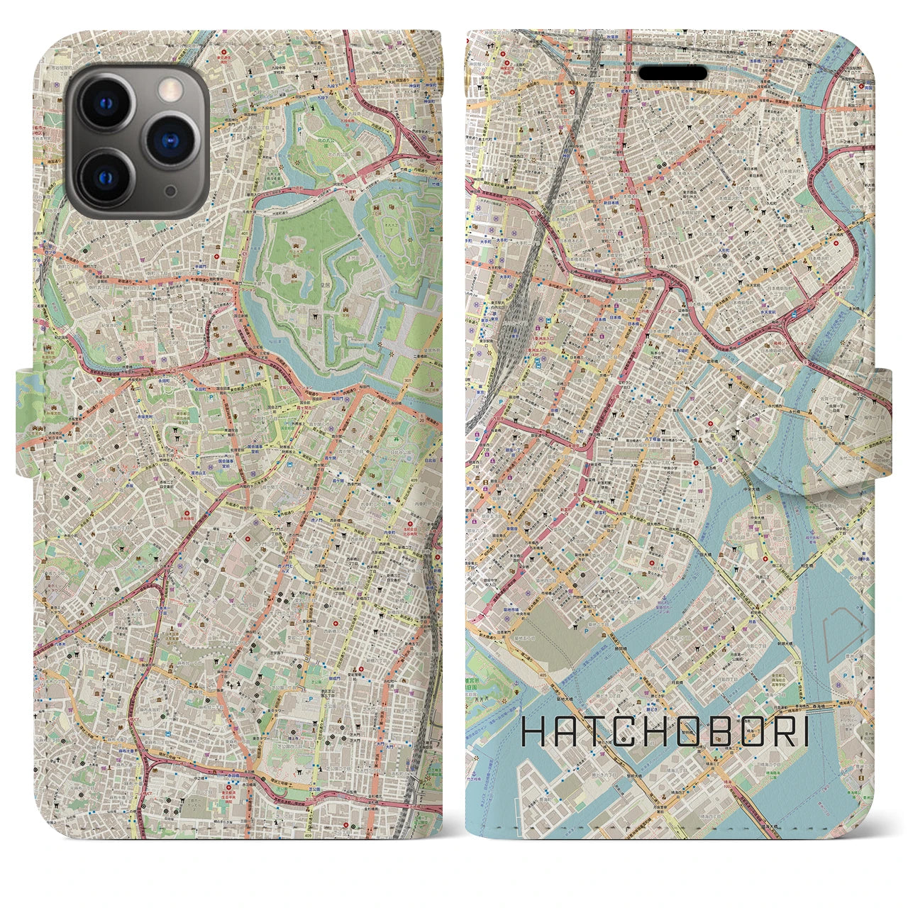 【八丁堀】地図柄iPhoneケース（手帳両面タイプ・ナチュラル）iPhone 11 Pro Max 用