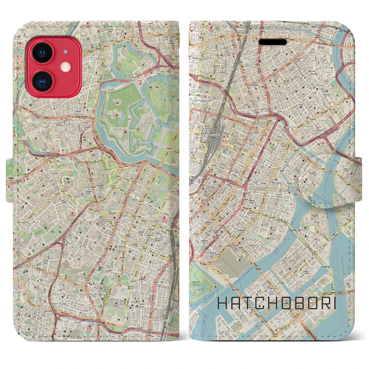 【八丁堀】地図柄iPhoneケース（手帳両面タイプ・ナチュラル）iPhone 11 用