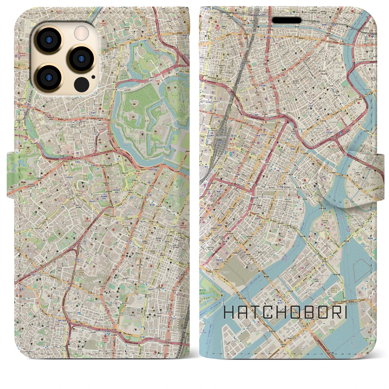 【八丁堀（東京都）】地図柄iPhoneケース（手帳タイプ）ナチュラル・iPhone 12 Pro Max 用