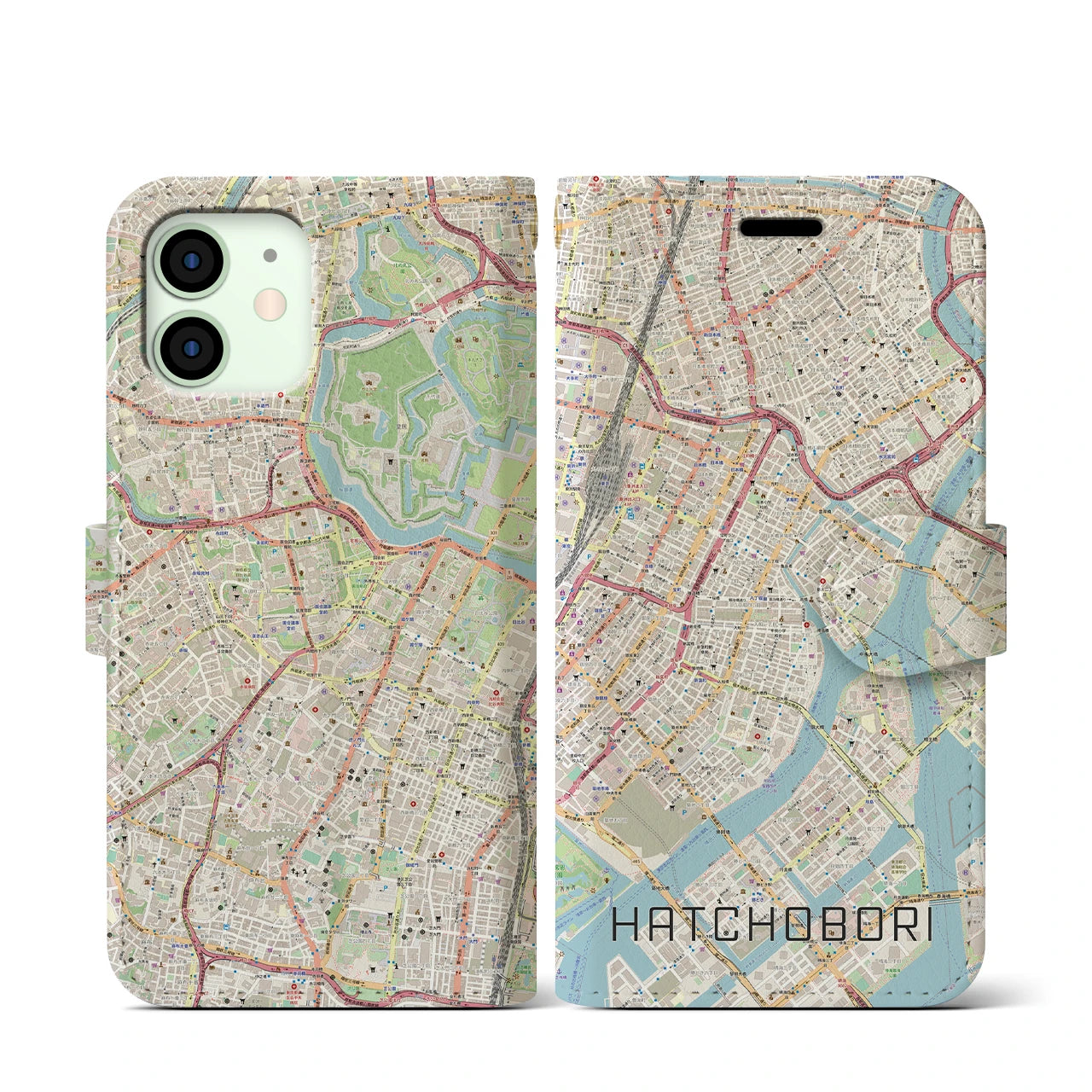 【八丁堀】地図柄iPhoneケース（手帳両面タイプ・ナチュラル）iPhone 12 mini 用