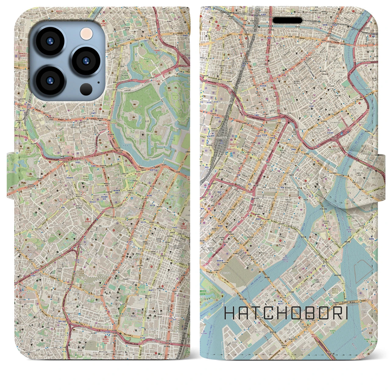【八丁堀】地図柄iPhoneケース（手帳両面タイプ・ナチュラル）iPhone 13 Pro Max 用