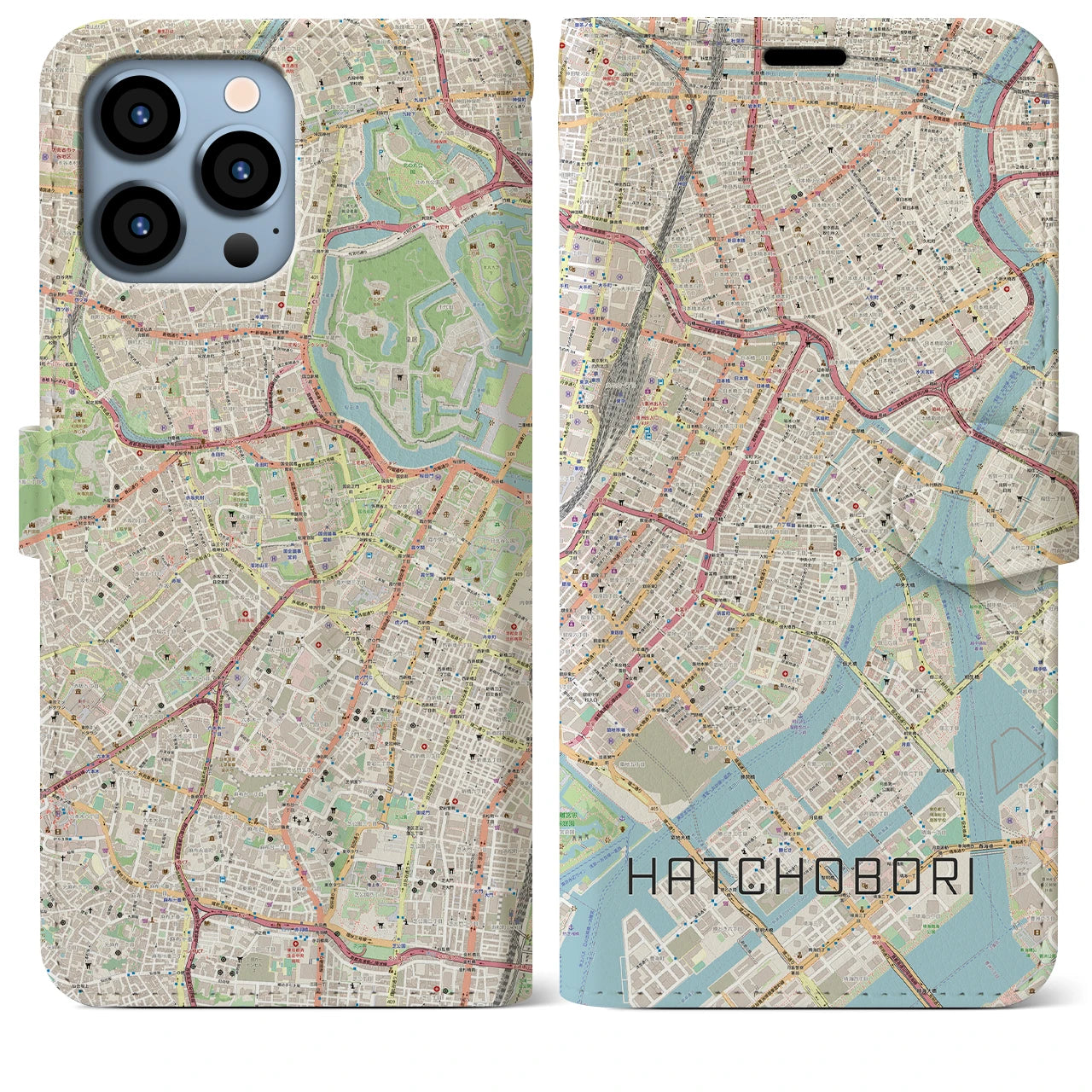 【八丁堀（東京都）】地図柄iPhoneケース（手帳タイプ）ナチュラル・iPhone 13 Pro Max 用