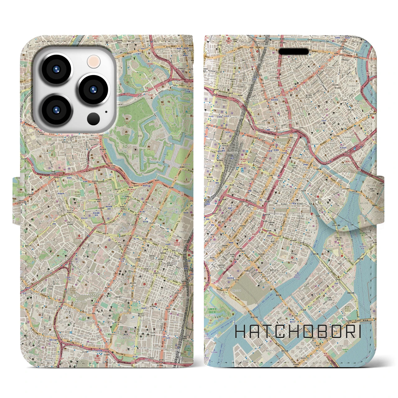【八丁堀】地図柄iPhoneケース（手帳両面タイプ・ナチュラル）iPhone 13 Pro 用