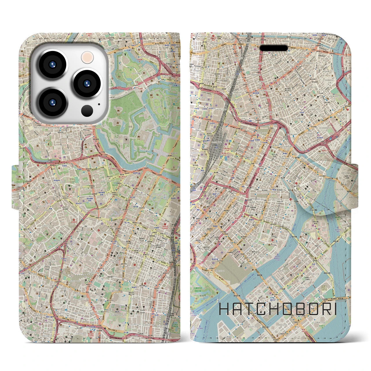 【八丁堀（東京都）】地図柄iPhoneケース（手帳タイプ）ナチュラル・iPhone 13 Pro 用