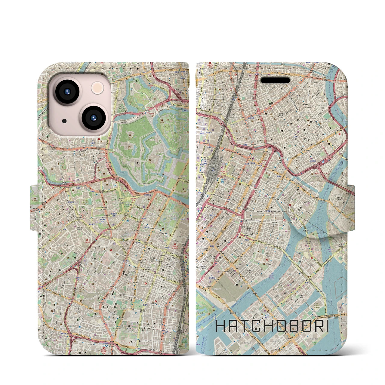 【八丁堀】地図柄iPhoneケース（手帳両面タイプ・ナチュラル）iPhone 13 mini 用