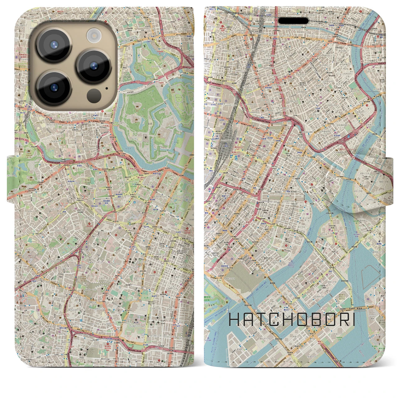 【八丁堀】地図柄iPhoneケース（手帳両面タイプ・ナチュラル）iPhone 14 Pro Max 用
