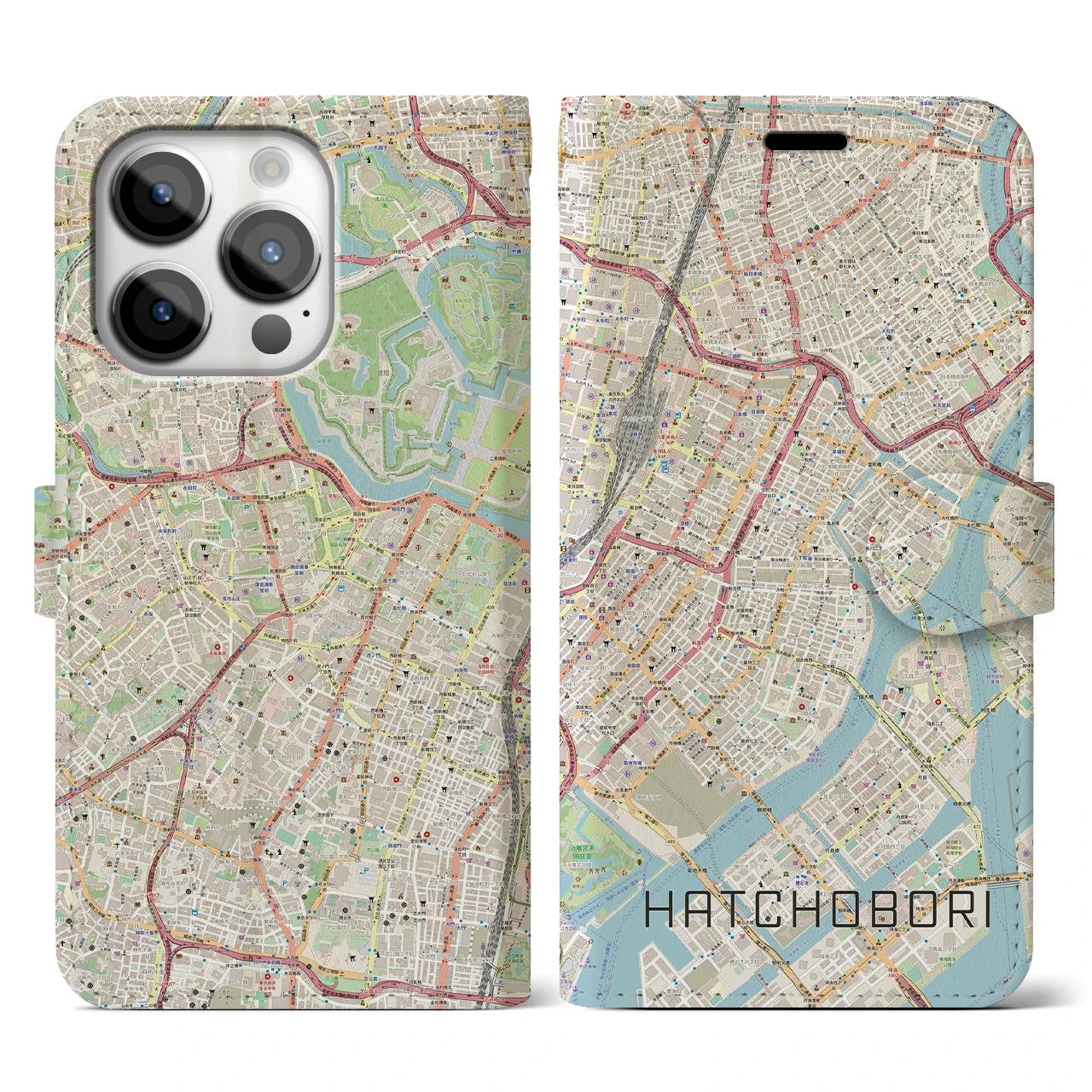 【八丁堀】地図柄iPhoneケース（手帳両面タイプ・ナチュラル）iPhone 14 Pro 用