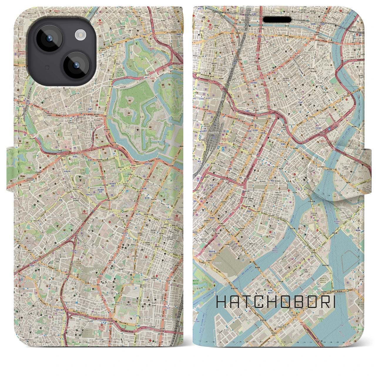 【八丁堀】地図柄iPhoneケース（手帳両面タイプ・ナチュラル）iPhone 14 Plus 用