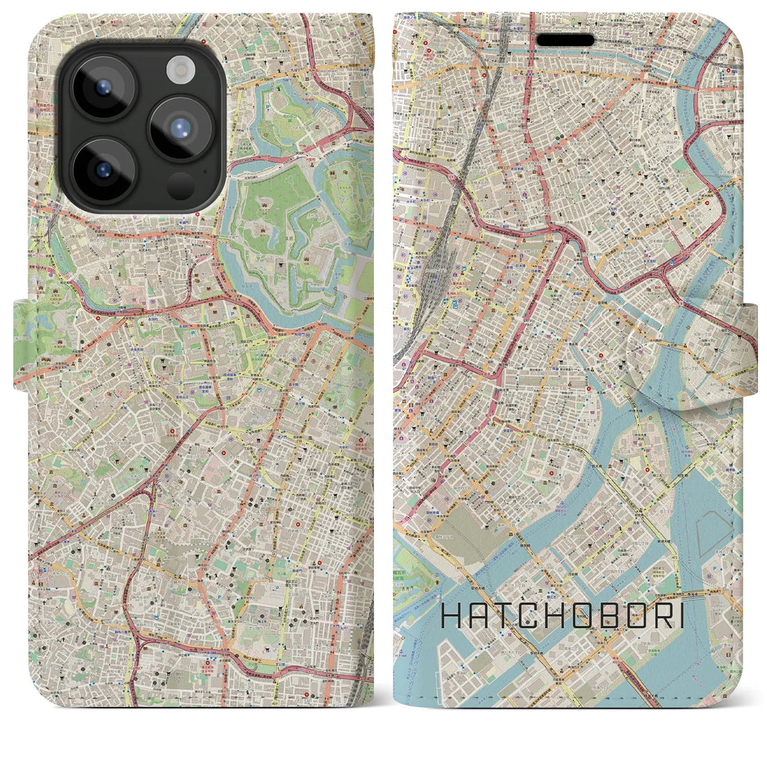 【八丁堀】地図柄iPhoneケース（手帳両面タイプ・ナチュラル）iPhone 15 Pro Max 用