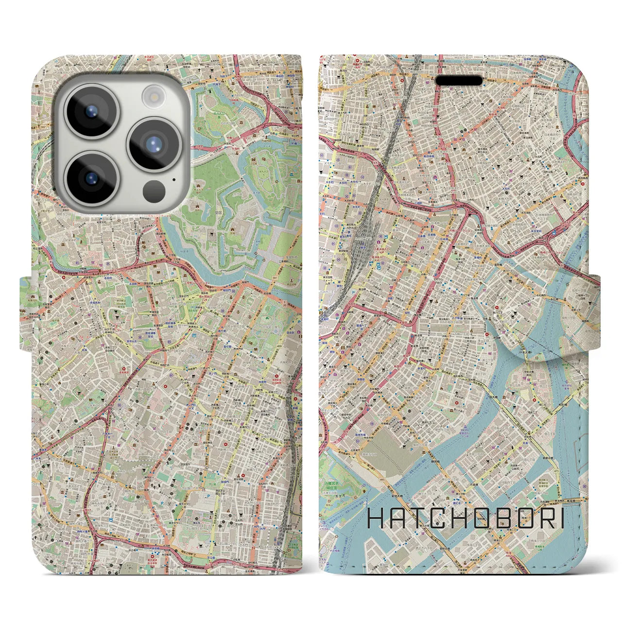 【八丁堀】地図柄iPhoneケース（手帳両面タイプ・ナチュラル）iPhone 15 Pro 用
