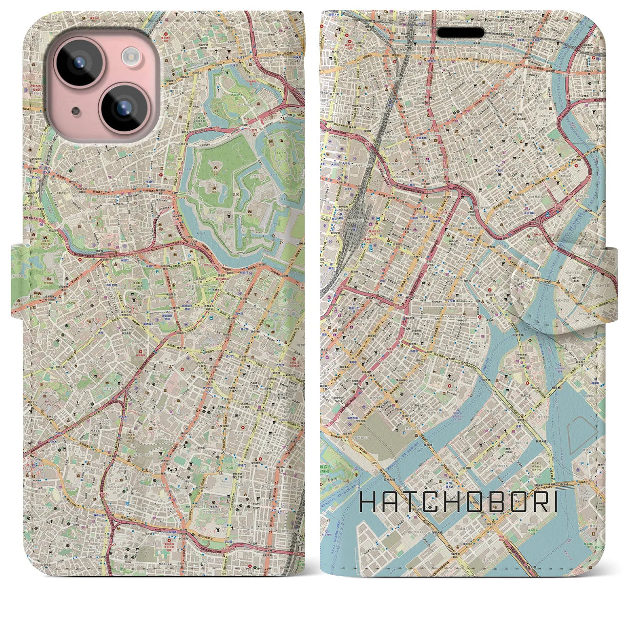 【八丁堀】地図柄iPhoneケース（手帳両面タイプ・ナチュラル）iPhone 15 Plus 用