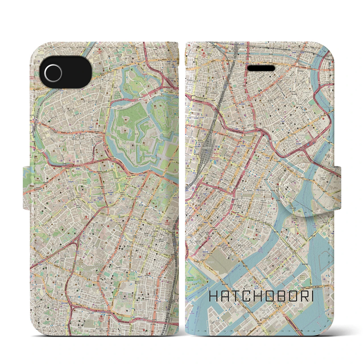 【八丁堀（東京都）】地図柄iPhoneケース（手帳タイプ）ナチュラル・iPhone SE（第3 / 第2世代） / 8 / 7 / 6s / 6 用