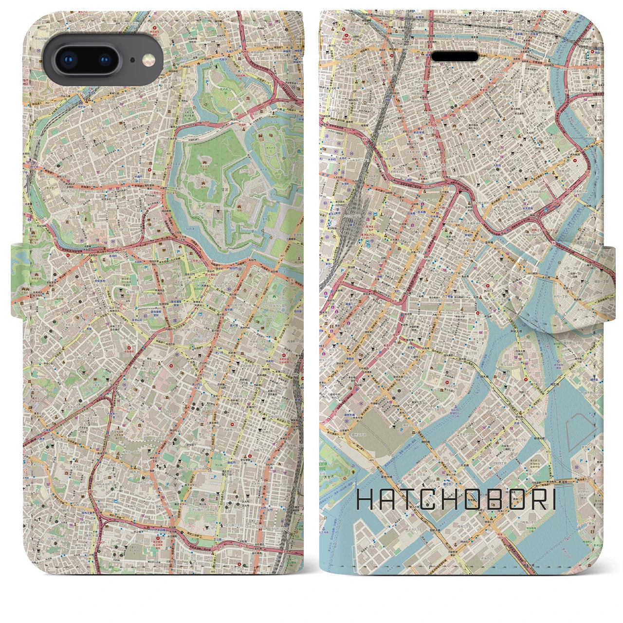 【八丁堀】地図柄iPhoneケース（手帳両面タイプ・ナチュラル）iPhone 8Plus /7Plus / 6sPlus / 6Plus 用