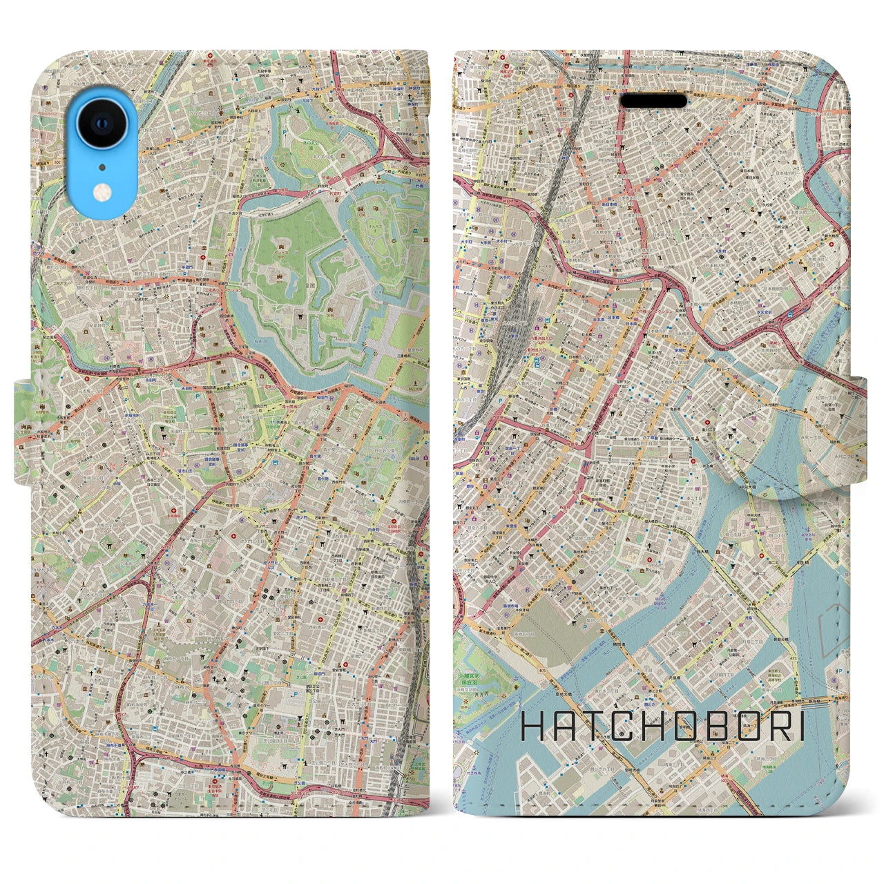 【八丁堀】地図柄iPhoneケース（手帳両面タイプ・ナチュラル）iPhone XR 用