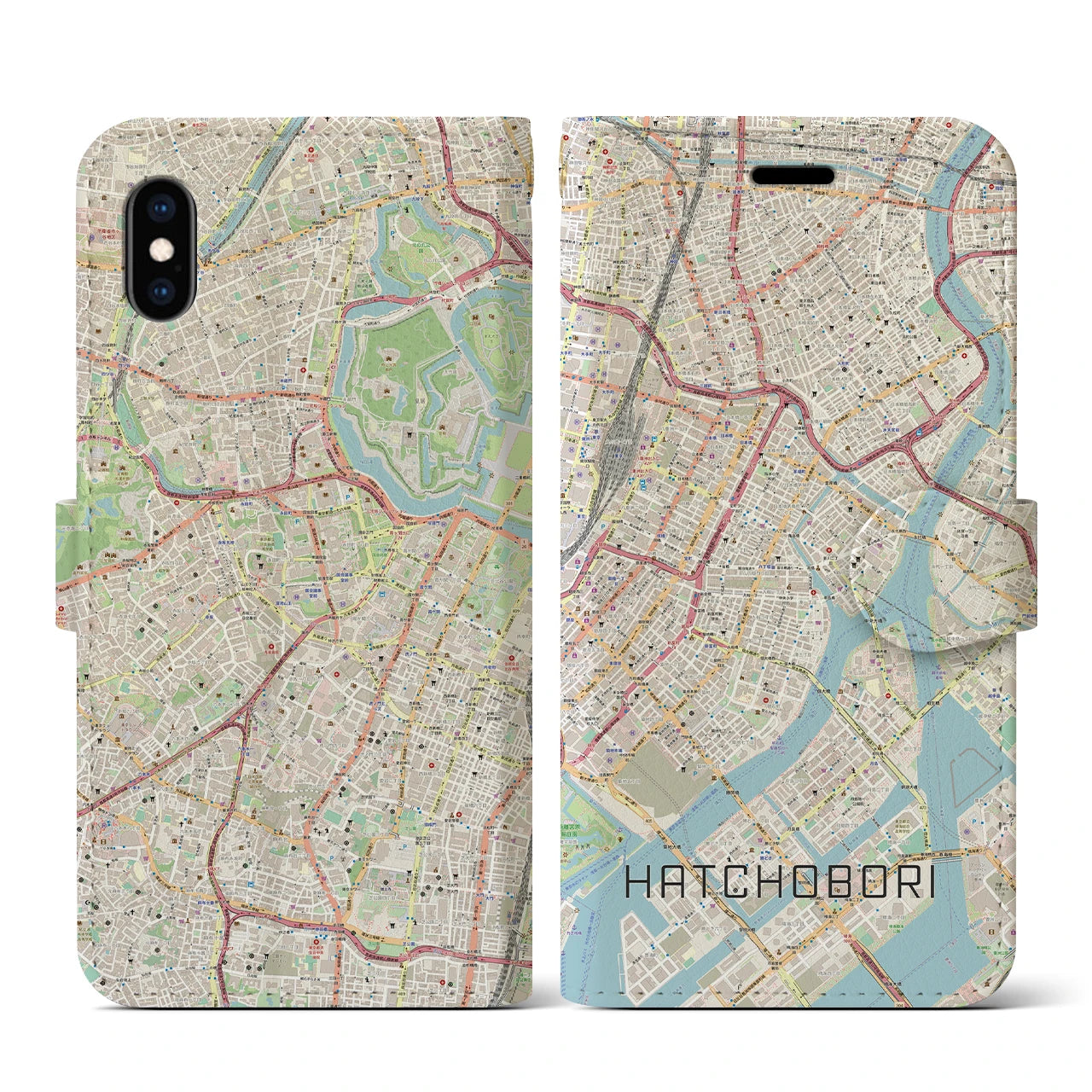 【八丁堀】地図柄iPhoneケース（手帳両面タイプ・ナチュラル）iPhone XS / X 用