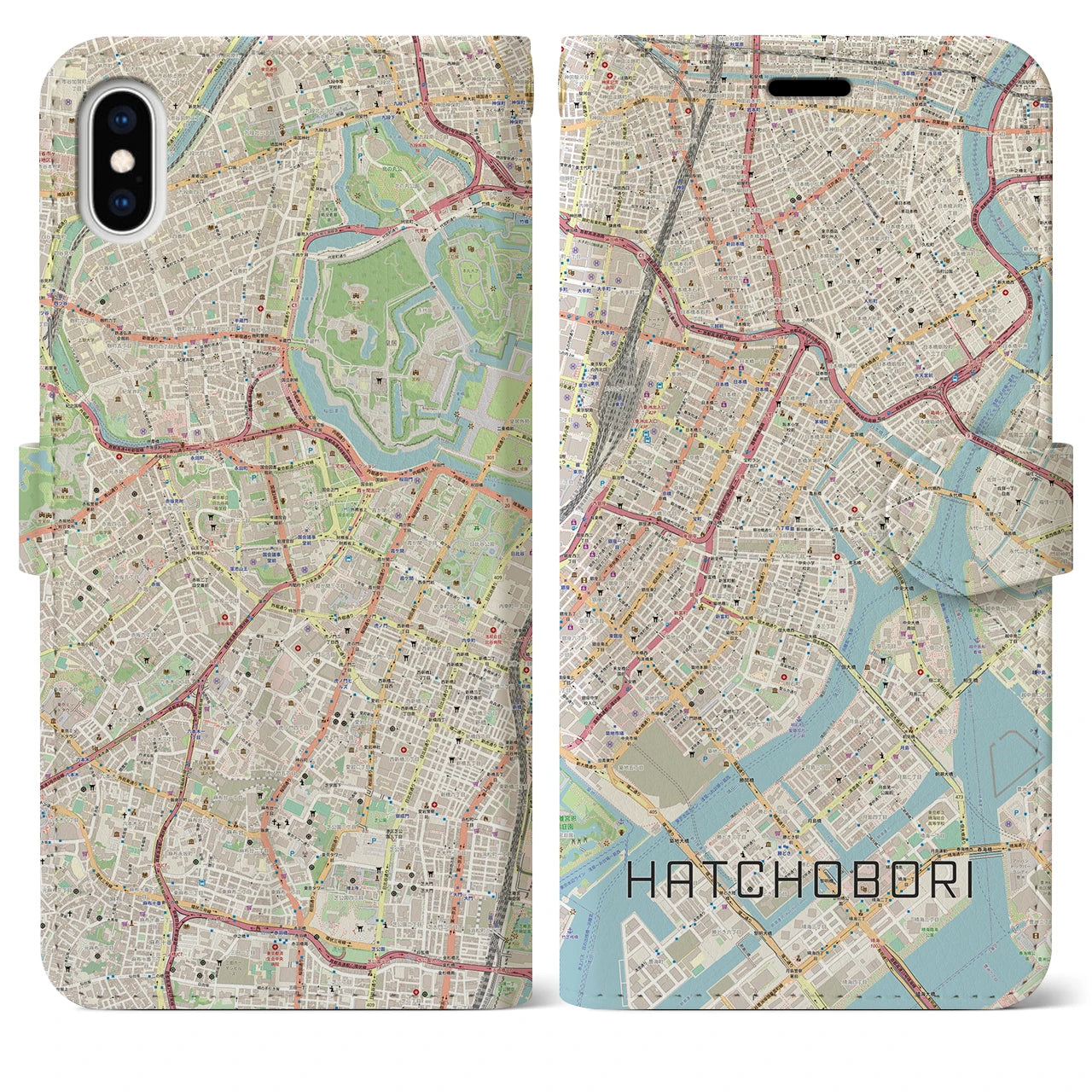 【八丁堀】地図柄iPhoneケース（手帳両面タイプ・ナチュラル）iPhone XS Max 用