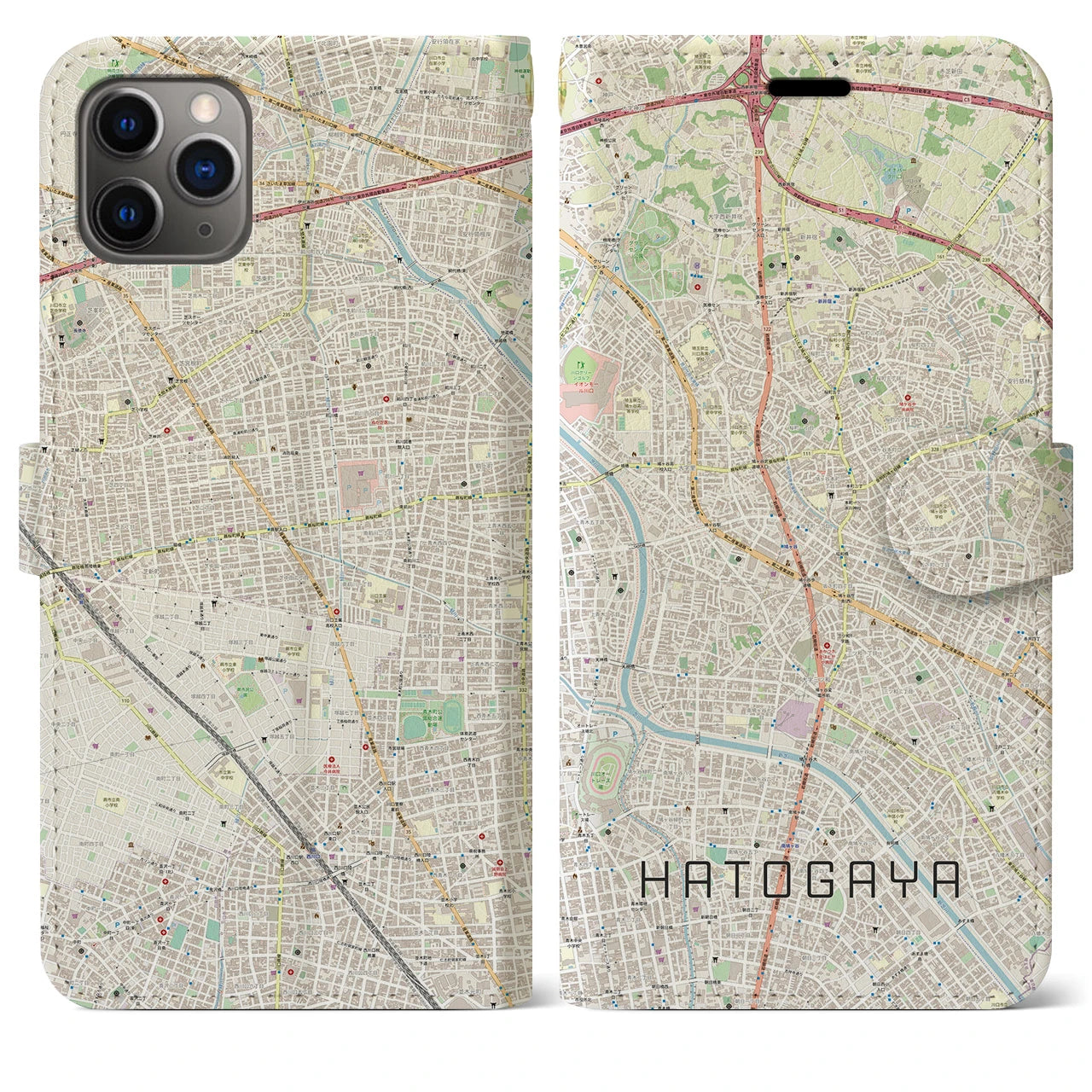 【鳩ヶ谷】地図柄iPhoneケース（手帳両面タイプ・ナチュラル）iPhone 11 Pro Max 用