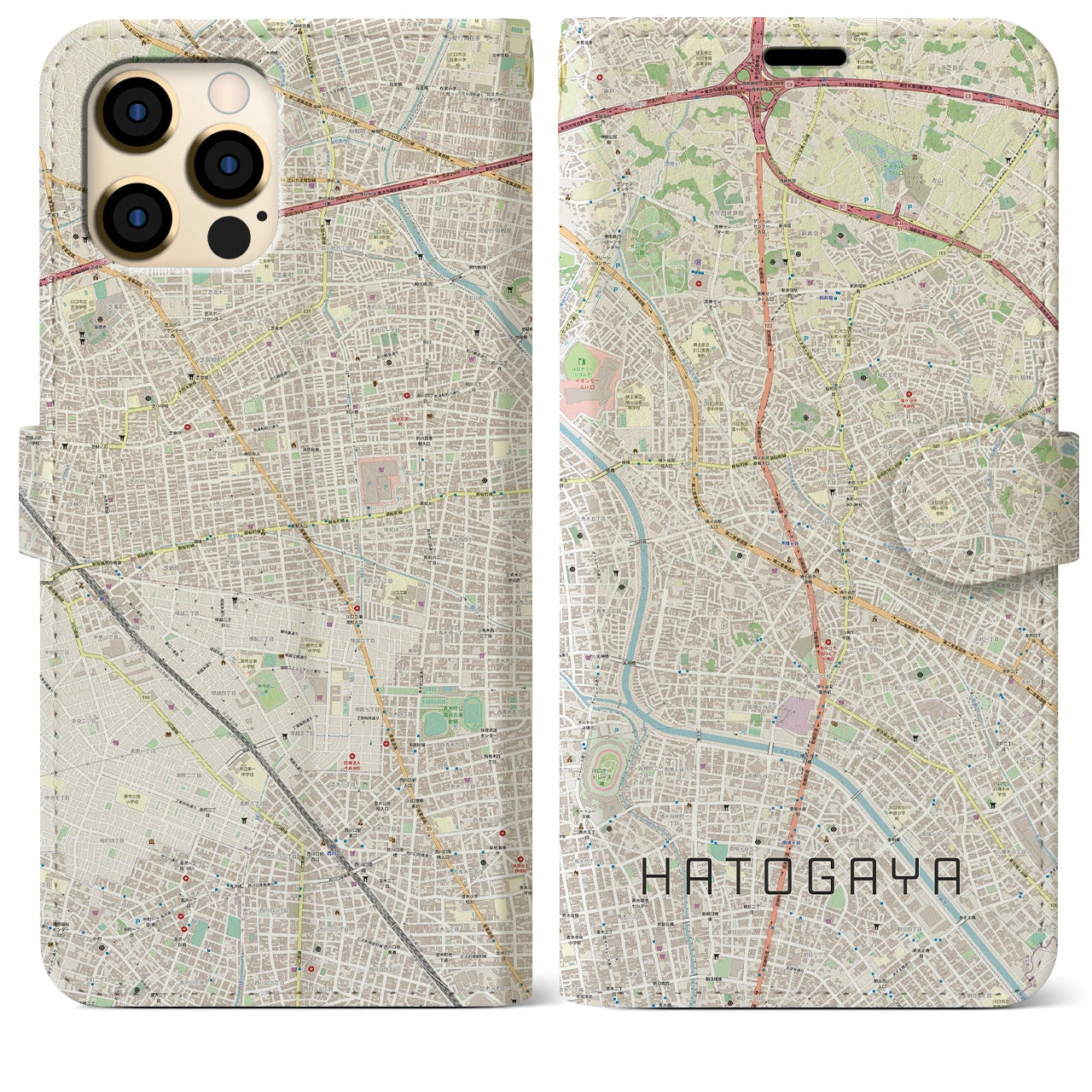 【鳩ヶ谷】地図柄iPhoneケース（手帳両面タイプ・ナチュラル）iPhone 12 Pro Max 用