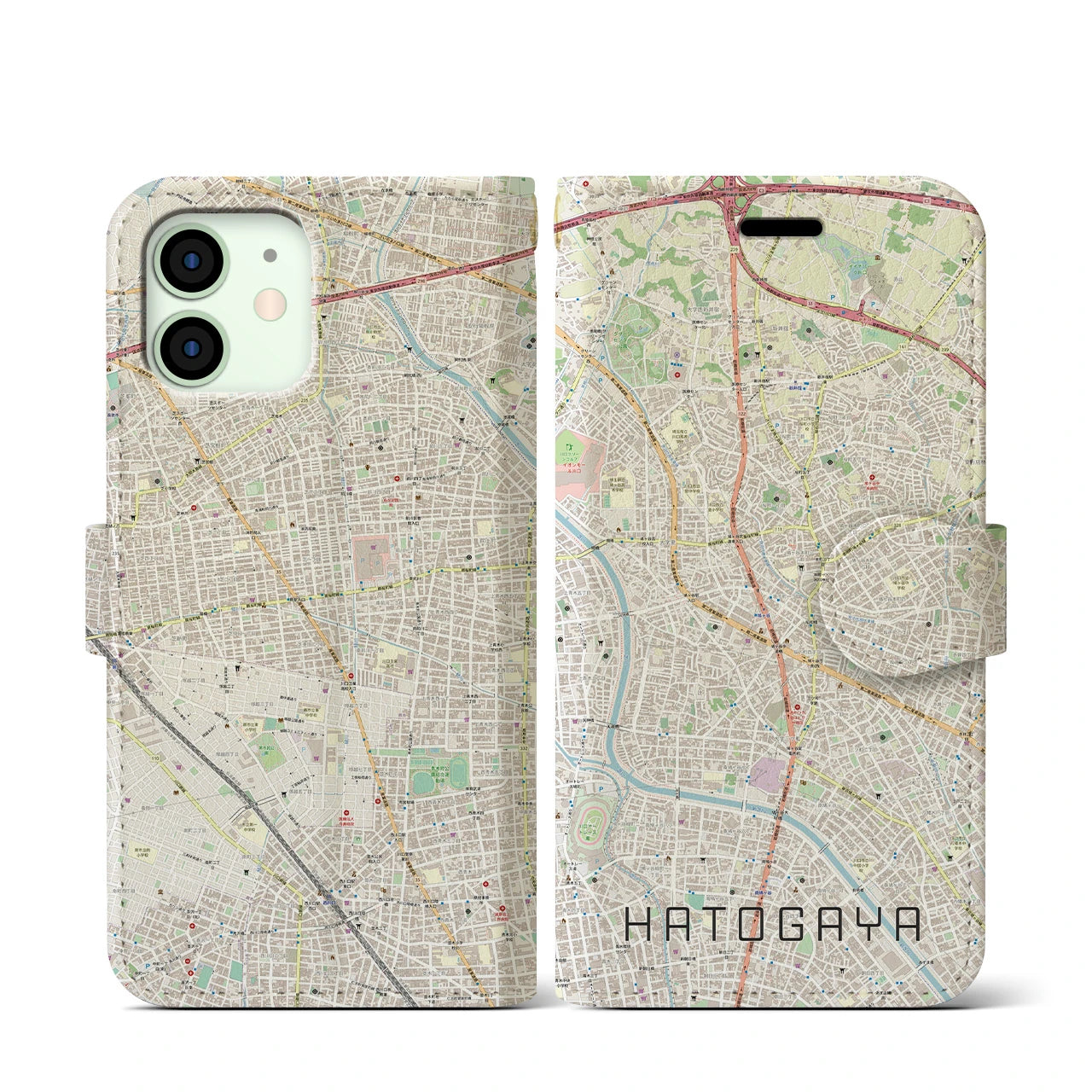 【鳩ヶ谷】地図柄iPhoneケース（手帳両面タイプ・ナチュラル）iPhone 12 mini 用
