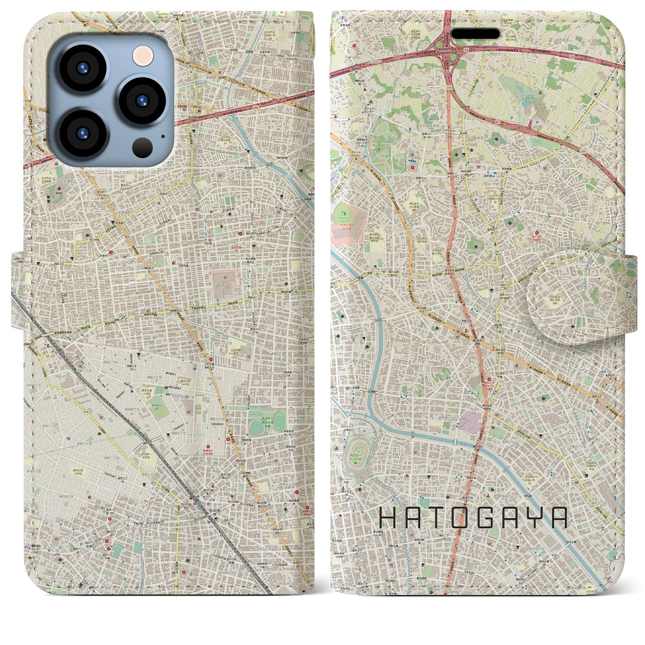 【鳩ヶ谷】地図柄iPhoneケース（手帳両面タイプ・ナチュラル）iPhone 13 Pro Max 用