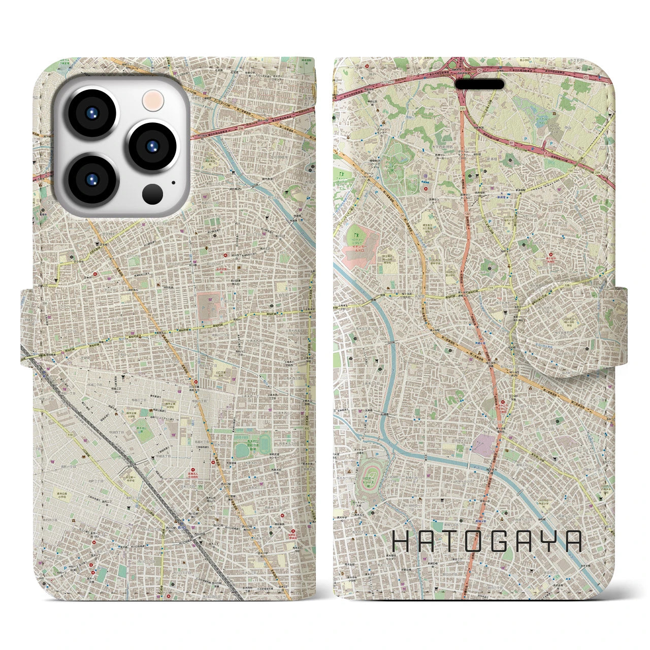 【鳩ヶ谷】地図柄iPhoneケース（手帳両面タイプ・ナチュラル）iPhone 13 Pro 用