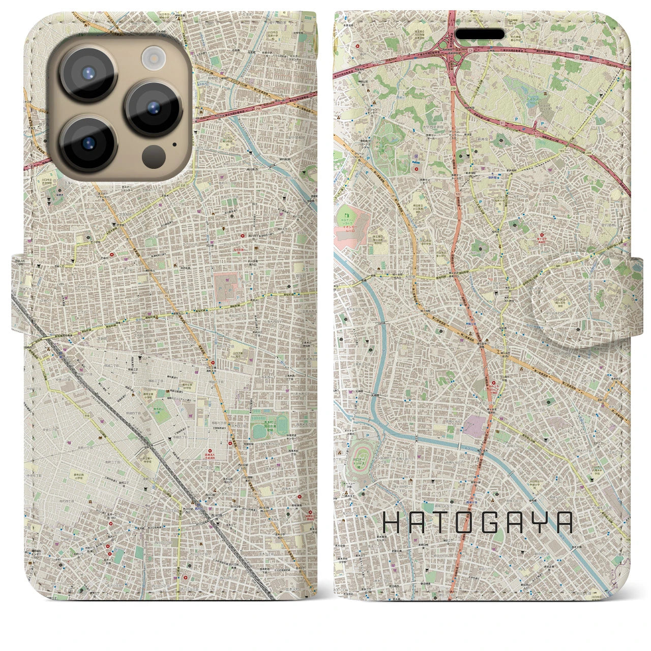 【鳩ヶ谷】地図柄iPhoneケース（手帳両面タイプ・ナチュラル）iPhone 14 Pro Max 用