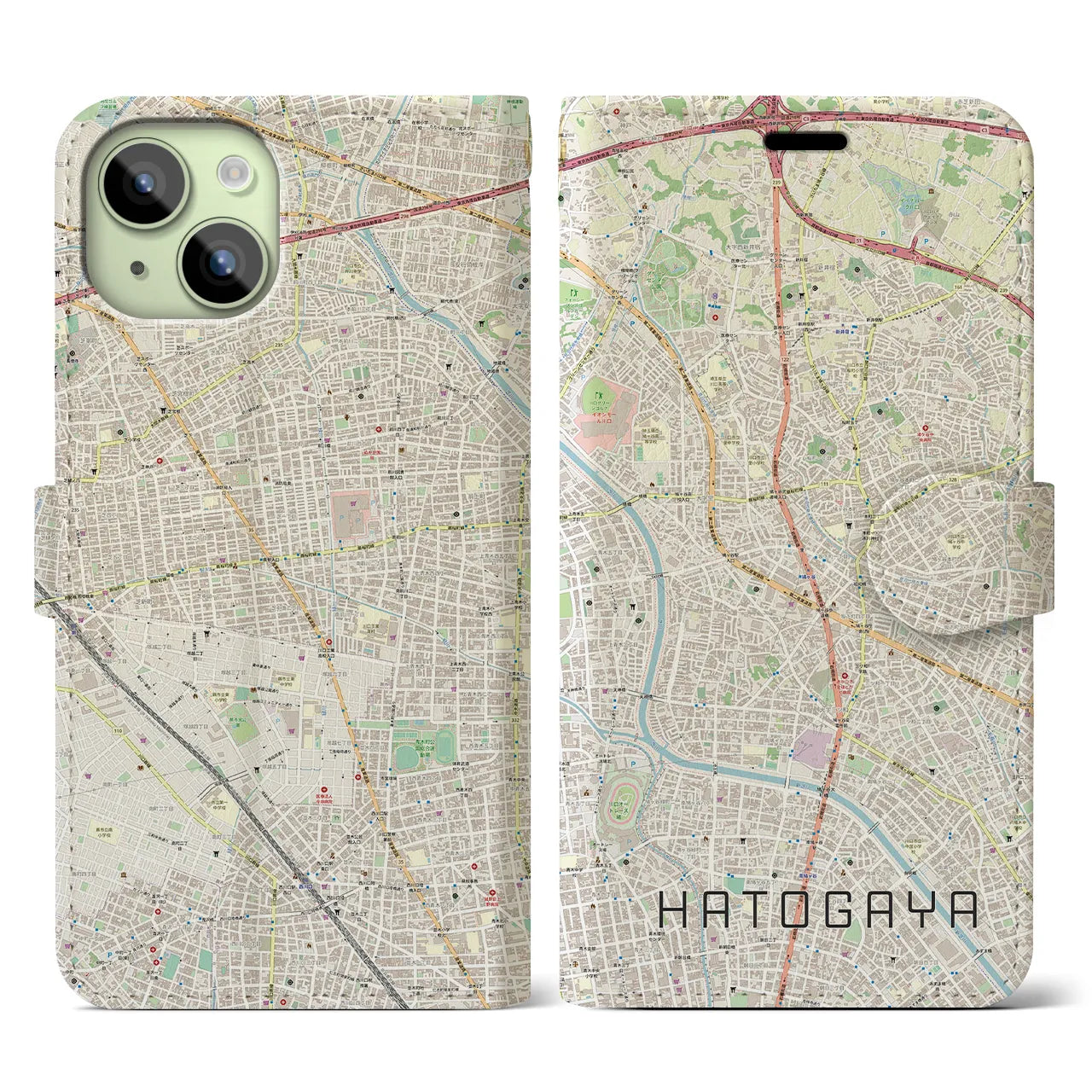 【鳩ヶ谷】地図柄iPhoneケース（手帳両面タイプ・ナチュラル）iPhone 15 用