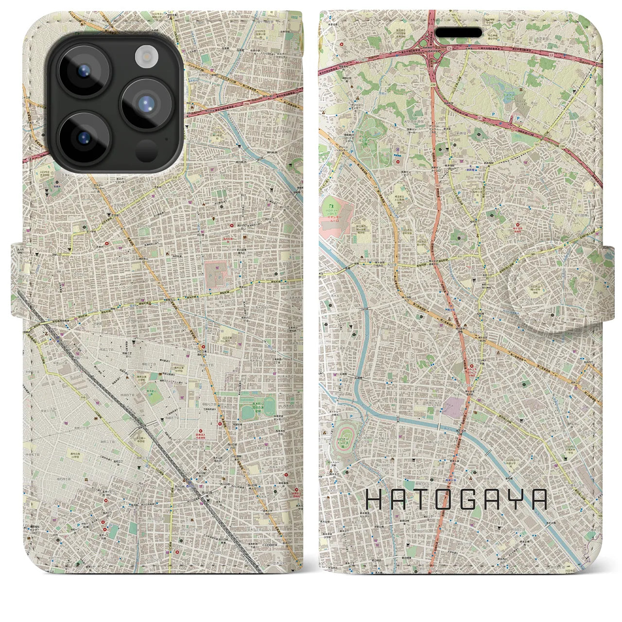 【鳩ヶ谷】地図柄iPhoneケース（手帳両面タイプ・ナチュラル）iPhone 15 Pro Max 用