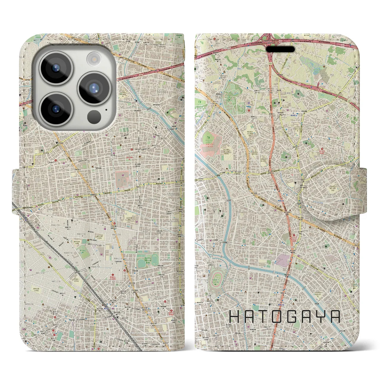 【鳩ヶ谷】地図柄iPhoneケース（手帳両面タイプ・ナチュラル）iPhone 15 Pro 用