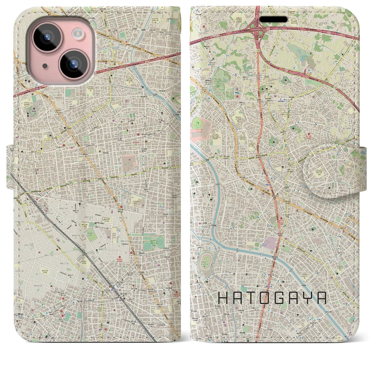 【鳩ヶ谷】地図柄iPhoneケース（手帳両面タイプ・ナチュラル）iPhone 15 Plus 用