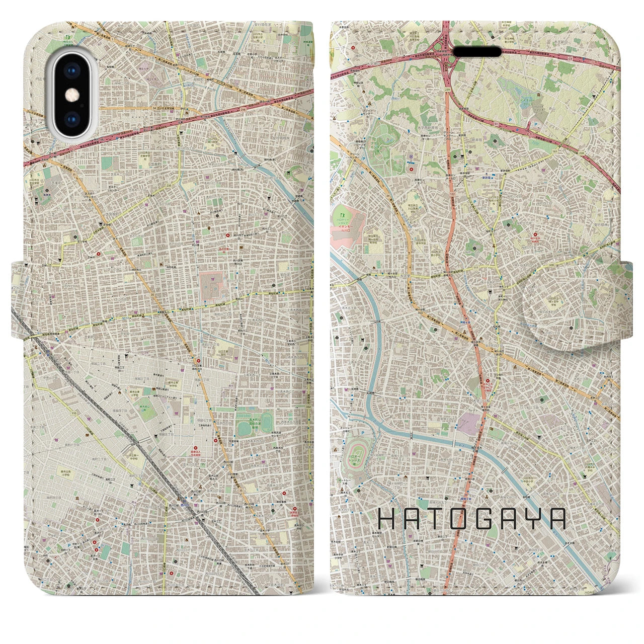 【鳩ヶ谷】地図柄iPhoneケース（手帳両面タイプ・ナチュラル）iPhone XS Max 用