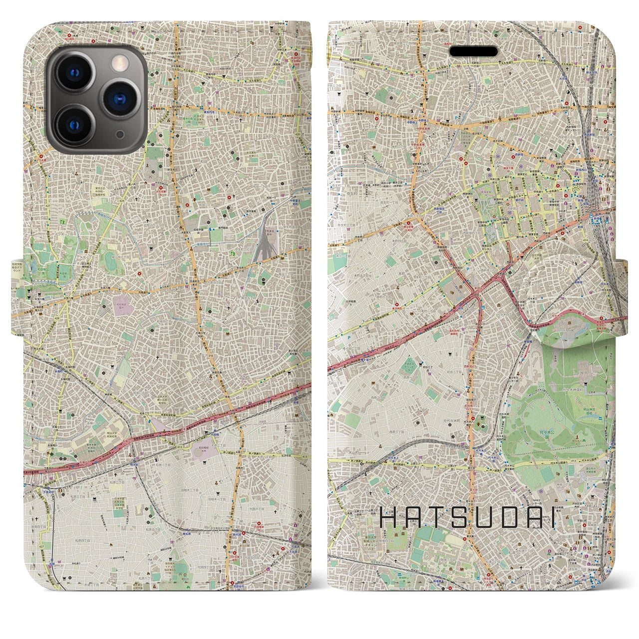 【初台】地図柄iPhoneケース（手帳両面タイプ・ナチュラル）iPhone 11 Pro Max 用
