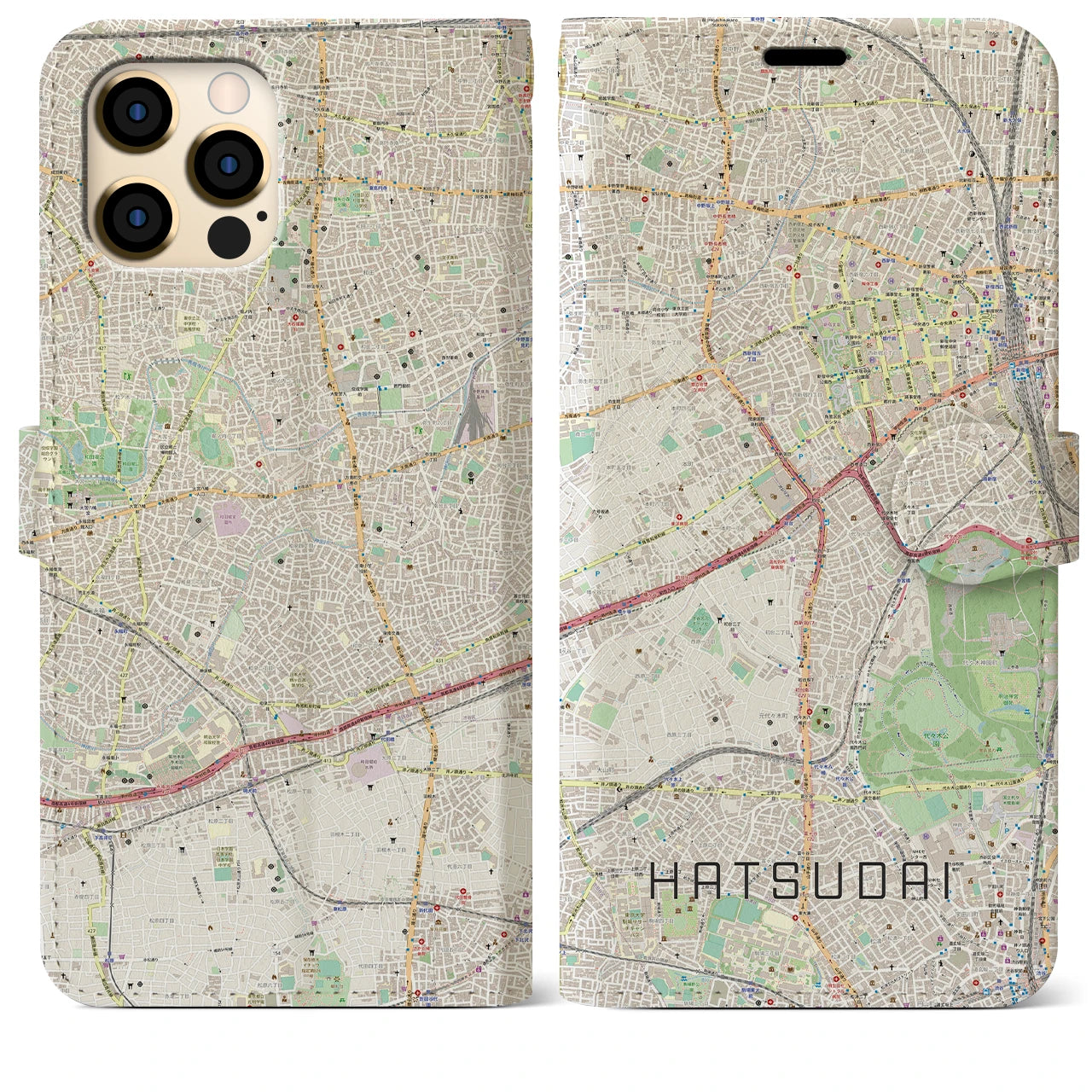 【初台】地図柄iPhoneケース（手帳両面タイプ・ナチュラル）iPhone 12 Pro Max 用