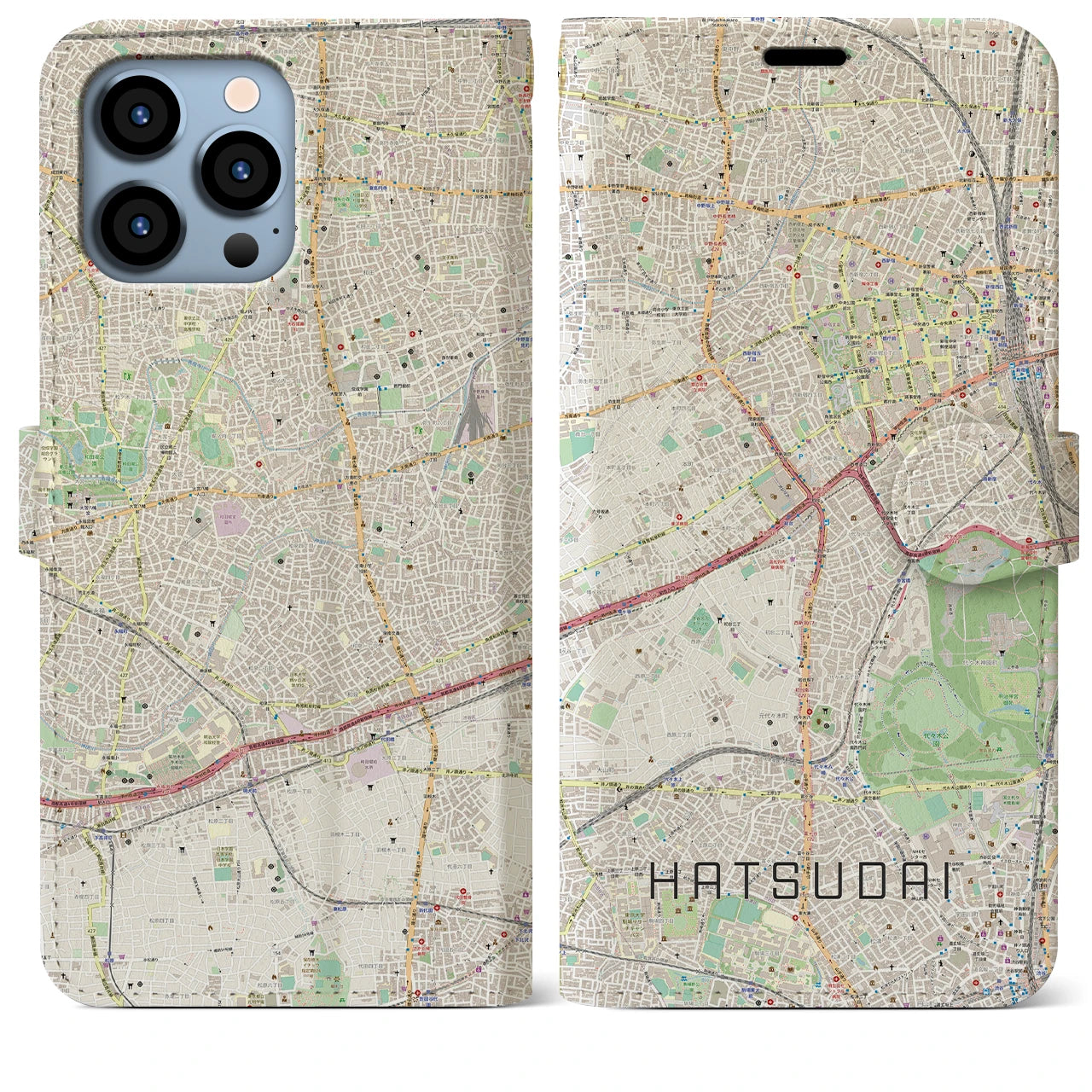 【初台】地図柄iPhoneケース（手帳両面タイプ・ナチュラル）iPhone 13 Pro Max 用