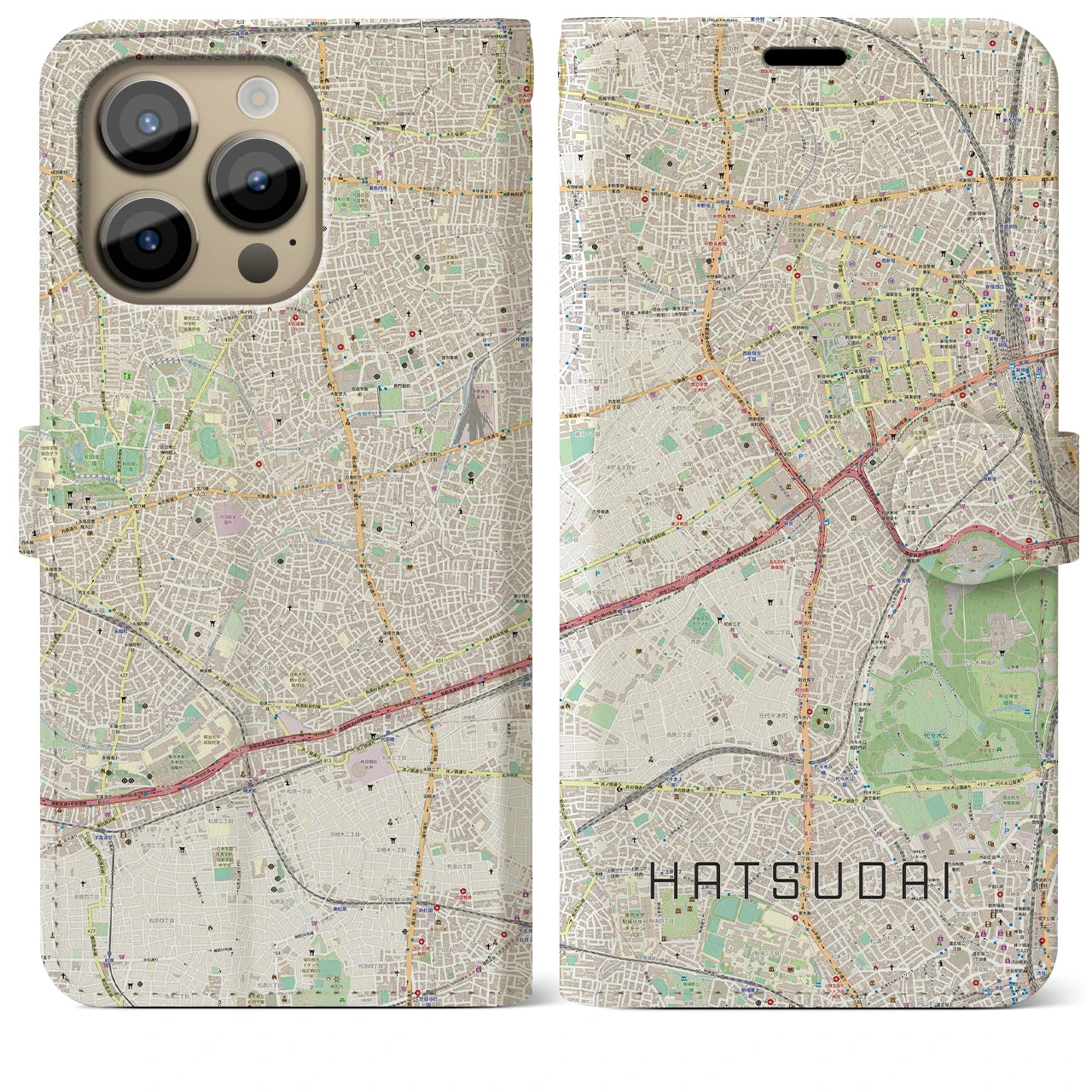 【初台】地図柄iPhoneケース（手帳両面タイプ・ナチュラル）iPhone 14 Pro Max 用