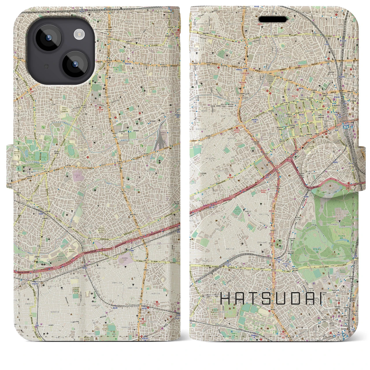 【初台】地図柄iPhoneケース（手帳両面タイプ・ナチュラル）iPhone 14 Plus 用