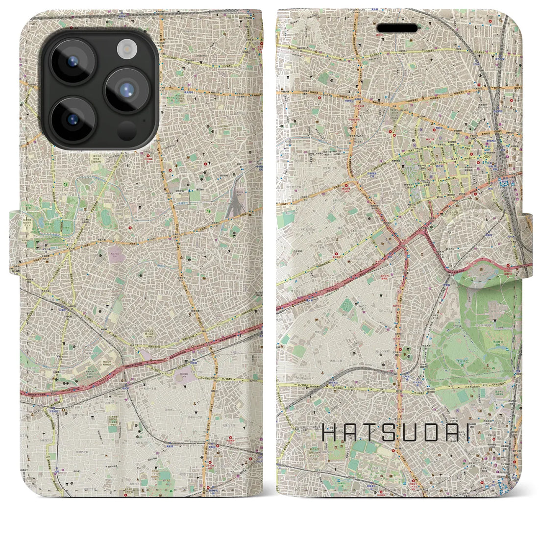 【初台】地図柄iPhoneケース（手帳両面タイプ・ナチュラル）iPhone 15 Pro Max 用