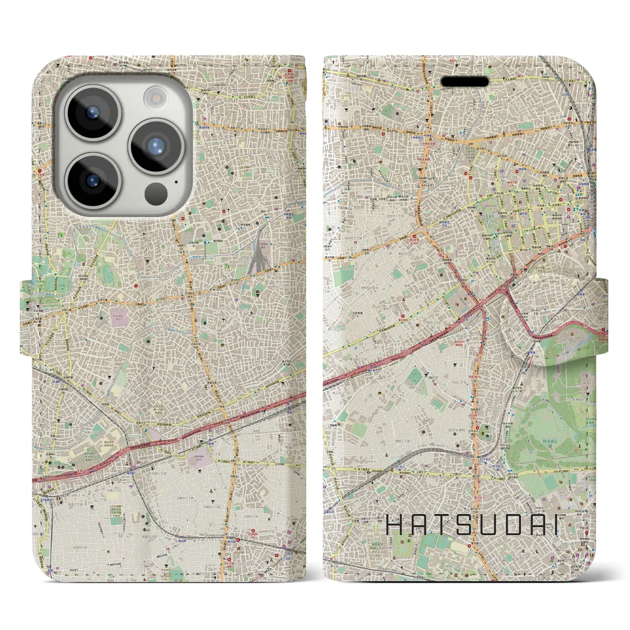 【初台】地図柄iPhoneケース（手帳両面タイプ・ナチュラル）iPhone 15 Pro 用