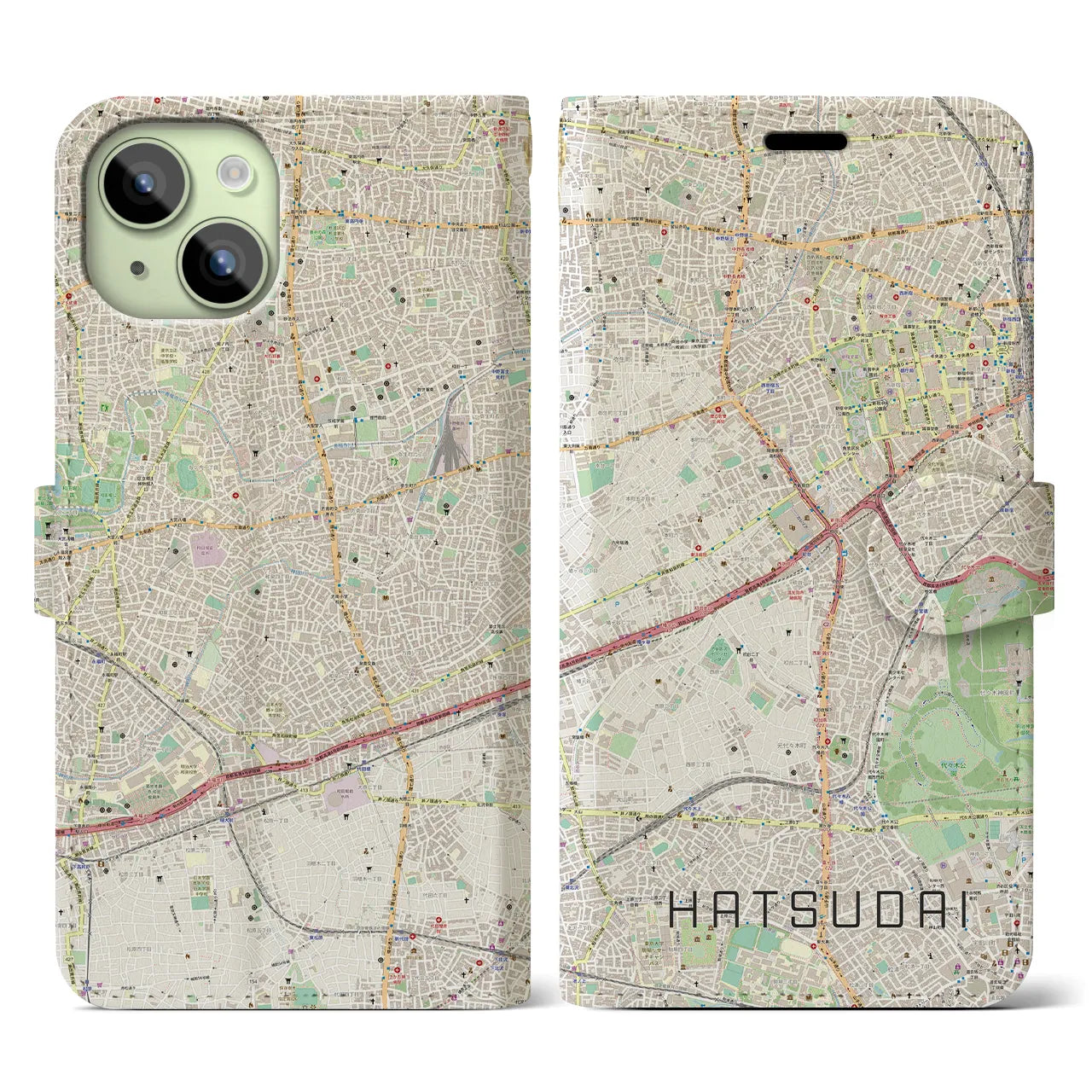 【初台】地図柄iPhoneケース（手帳両面タイプ・ナチュラル）iPhone 15 用