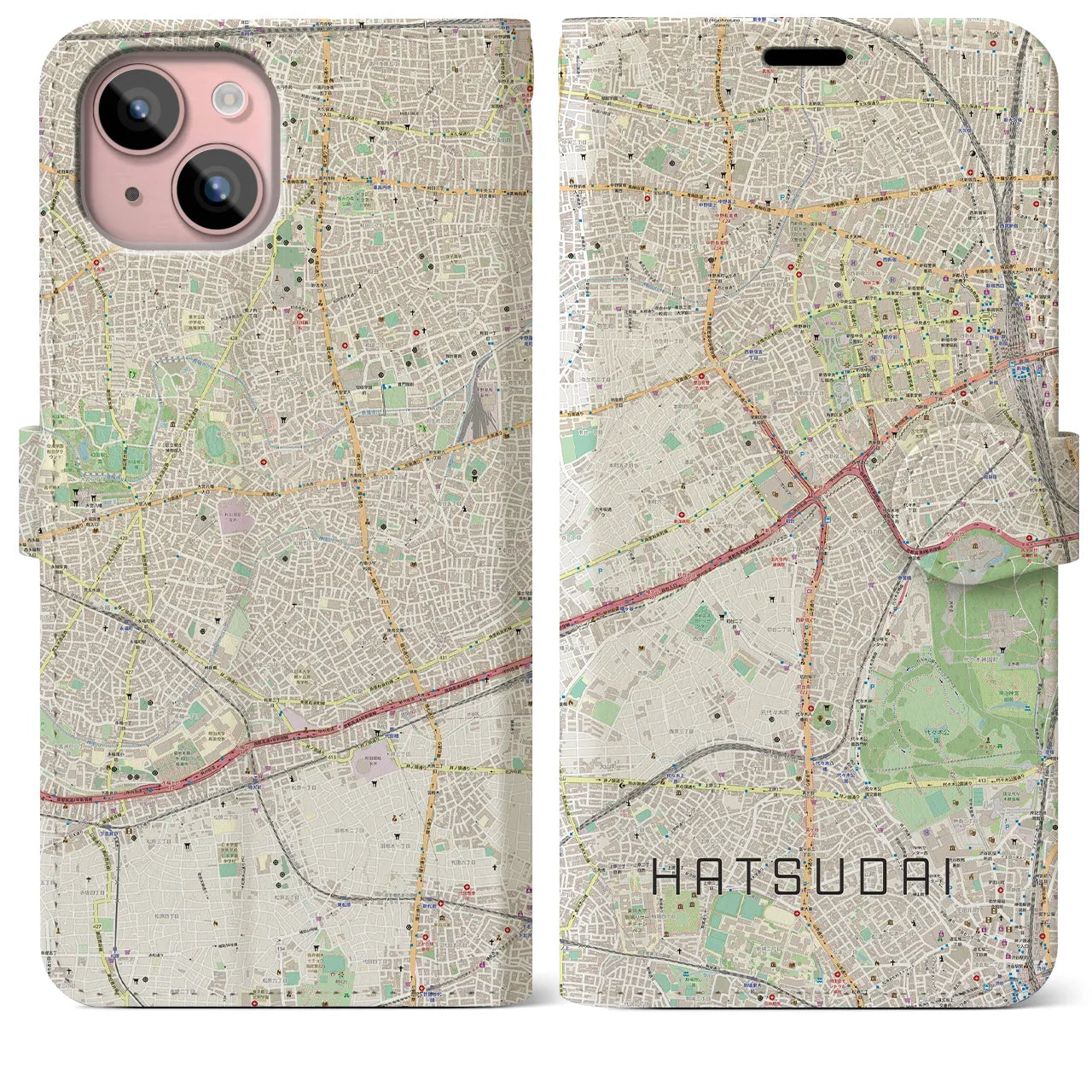 【初台】地図柄iPhoneケース（手帳両面タイプ・ナチュラル）iPhone 15 Plus 用