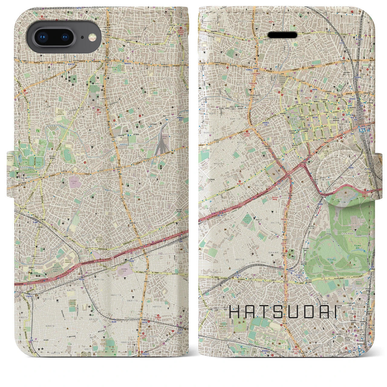 【初台】地図柄iPhoneケース（手帳両面タイプ・ナチュラル）iPhone 8Plus /7Plus / 6sPlus / 6Plus 用
