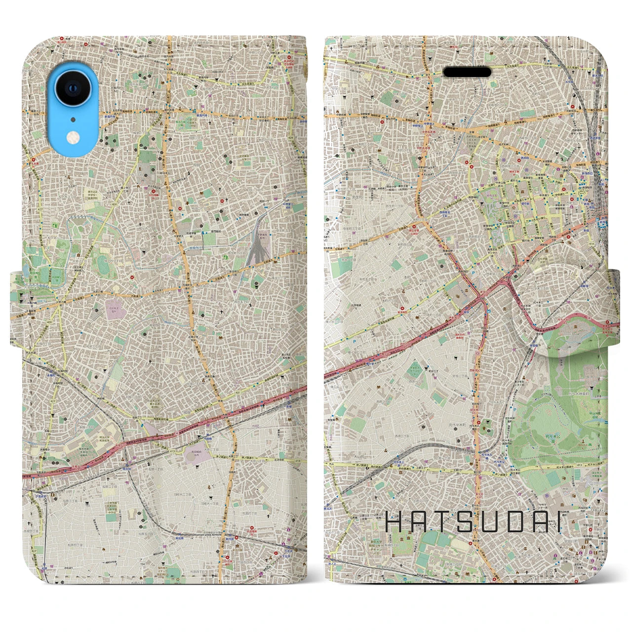 【初台】地図柄iPhoneケース（手帳両面タイプ・ナチュラル）iPhone XR 用
