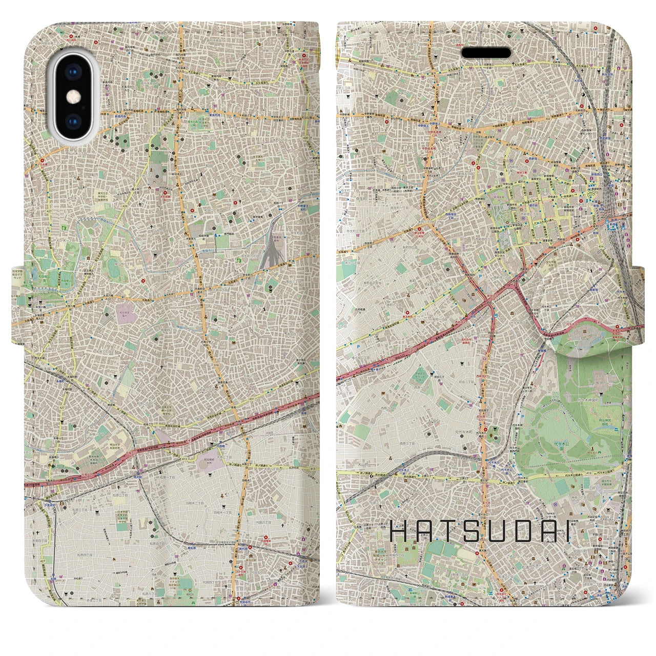 【初台】地図柄iPhoneケース（手帳両面タイプ・ナチュラル）iPhone XS Max 用