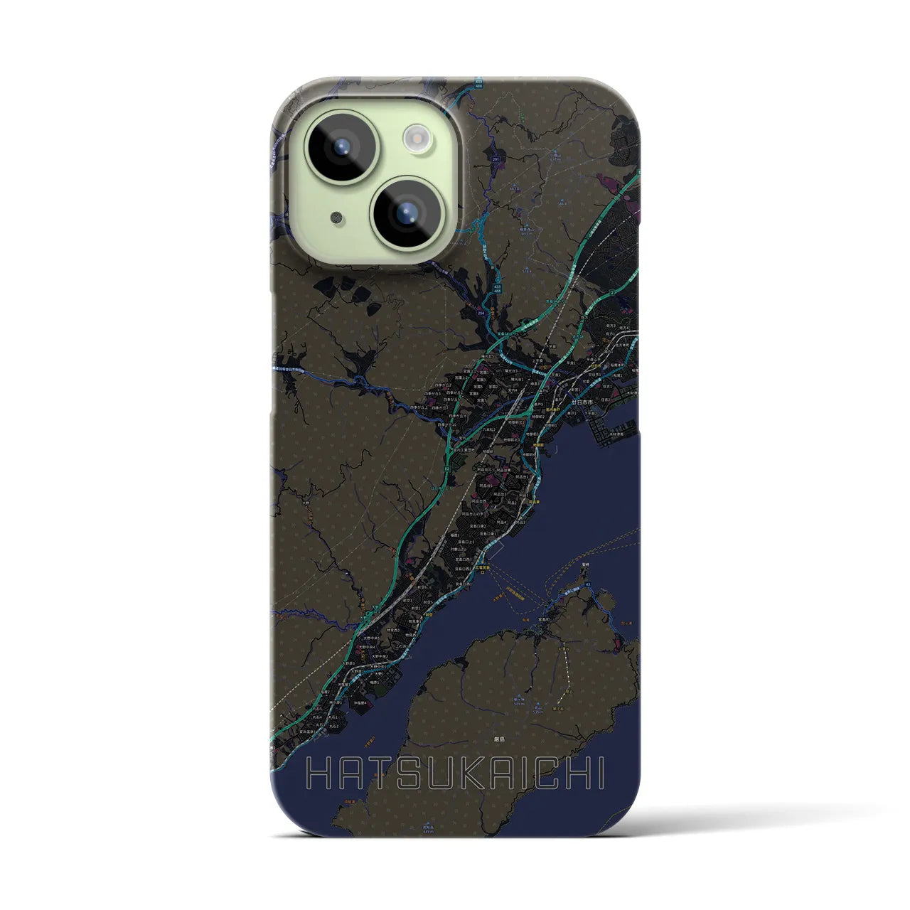 【廿日市】地図柄iPhoneケース（バックカバータイプ・ブラック）iPhone 15 用